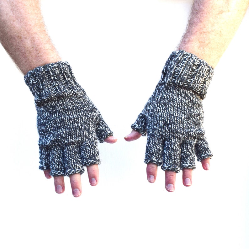 Mens fingerless gloves 100% merino wool speckled black and white knit mittens texting hiking gloves handmade gift Christmas winter holidays image 9