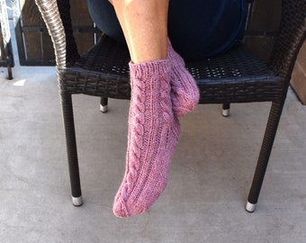 Hand knit socks cable knit slipper socks bed socks dusty pink cottage chic womens socks gift for her hygge warm socks handmade Christmas
