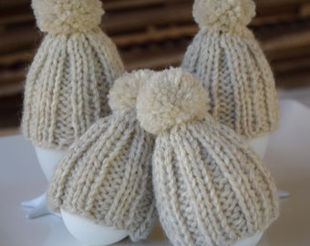 Knitted egg hat with pompom set of 4 egg cozy oatmeal womans gift Easter table decor Christmas stocking stuffer hostess gift small gift