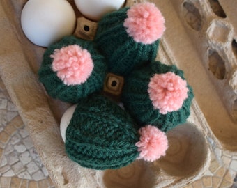 Knitted egg hat with pompom set of 4 egg cozy dark green peach breakfast table decor Christmas stocking stuffer small gift for hostess