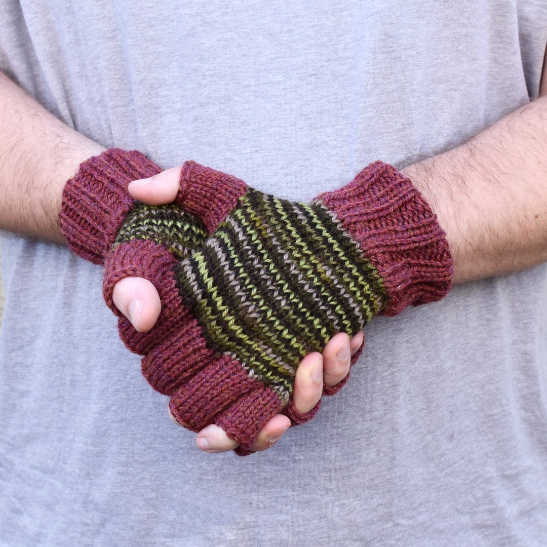 Mens Fingerless Gloves Merino Knitted Wool Mittens Colorful Etsy