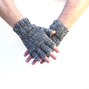 Mens fingerless gloves 100% merino wool speckled black and white knit mittens texting hiking gloves handmade gift Christmas winter holidays image 7