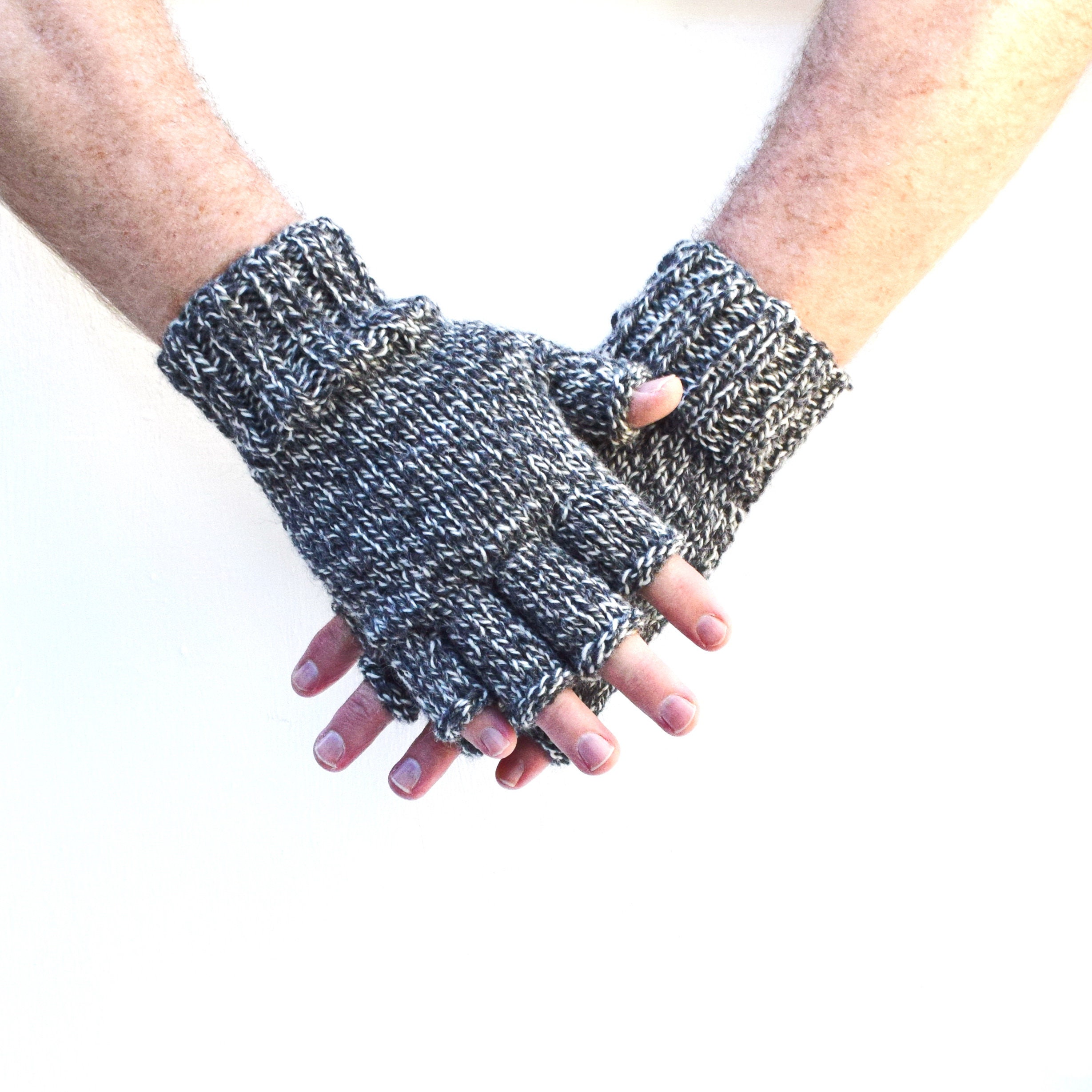 Mens Fingerless Gloves 100% Merino Wool Speckled Black and White Knit Mittens Texting Hiking Gloves Handmade Gift Christmas Winter Holidays