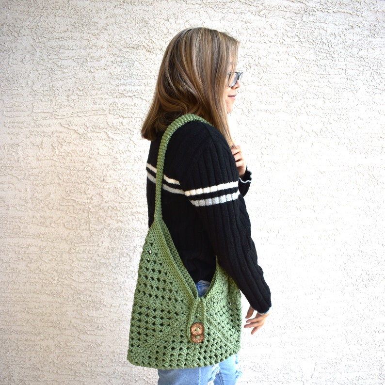 Crochet shoulder bag 100% cotton top handle library bag handmade tote farmers market bag boho sage green spring fashion gift for her image 3