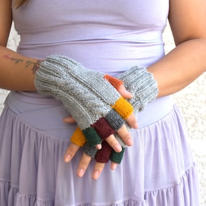 Cable knit light gray fingerless gloves with colorful fingers dark green yellow orange chestnut dark gray warm knitted gloves gift for her