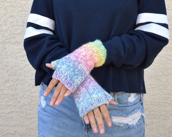Fingerless gloves womens knit arm warmers mismatching gloves graduated color merino wool nylon blend gift for her girlfriend gift Christmas