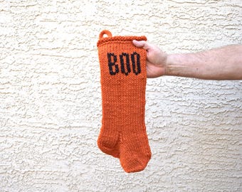 Halloween stocking hand knitted mantel home decor pumpkin orange black BOO sign handmade rustic seasonal decor Fall autumn hostess gift