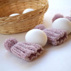 Knitted egg cozy set of 4 light pink knit egg hat with pom pom wool blend yarn handmade Easter decor party decor photo prop small gift image 6