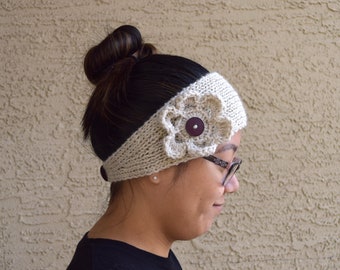 Knit headband with crochet flower warm headpiece knitted ear warmer winter boho headwrap women hair accessory gift for her Christmas