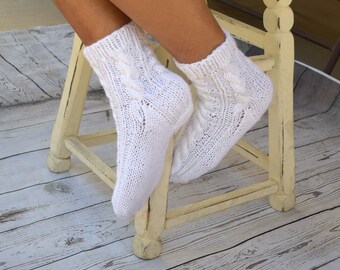 Bed socks white hand knitted socks cable knits womens socks girls socks gift for her cozy sleep hygge warm socks Christmas stocking stuffer