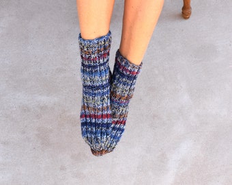 Knitted socks multicolor wool blend handknit socks Blue Gray shades warm bed socks slipper socks winter cozy socks Christmas gift for her