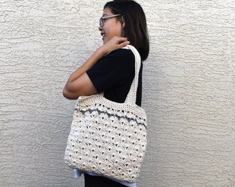 Crochet tote bag shoulder bag 100% cotton avoska handmade bag beach farmers market boho bohemian off white gray spring summer autumn fall