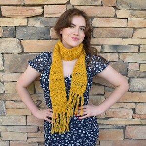 Yellow knitted scarf with fringe mustard hand knit skinny scarf women Fall accessories gift for her under 30 gift for friend narrow scarf