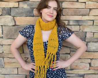 Yellow knitted scarf with fringe mustard hand knit skinny scarf women Fall accessories gift for her under 30 gift for friend narrow scarf