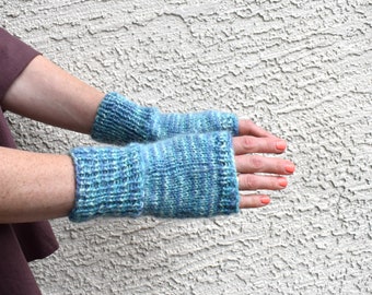 Knit arm warmers multi color blue shades knitted fingerless gloves mohair acrylic blend yarn womens mittens hand warmers gift for her