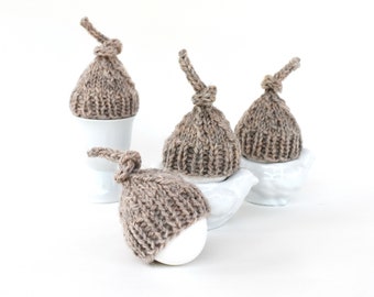 Knitted egg hat set of 4 wool egg cozy tan beige winter gift basket photography prop Christmas food photography small gift for hostess