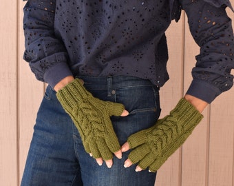 Wool fingerless gloves dark olive cable knit gloves gift for her womans gift spring fall Christmas gift for her womens gloves mitts