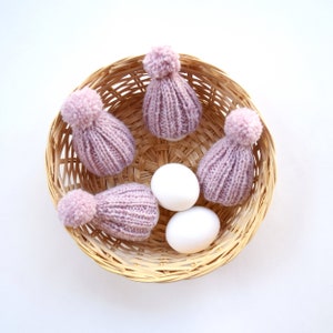 Knitted egg cozy set of 4 light pink knit egg hat with pom pom wool blend yarn handmade Easter decor party decor photo prop small gift image 7