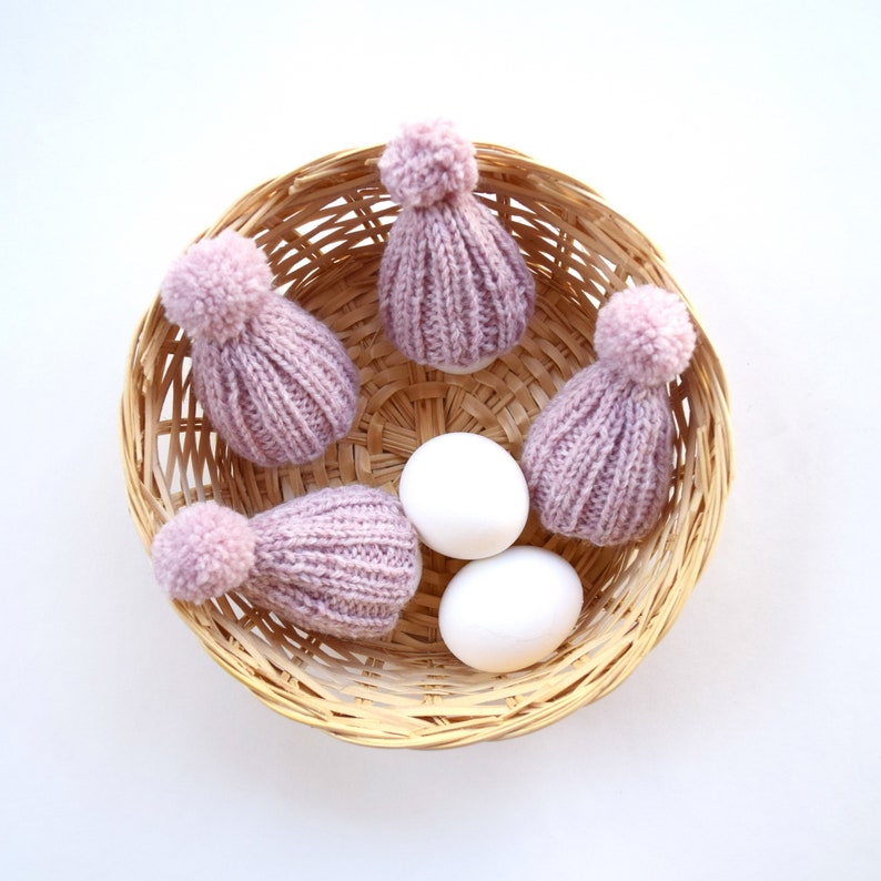 Knitted egg cozy set of 4 light pink knit egg hat with pom pom wool blend yarn handmade Easter decor party decor photo prop small gift image 7