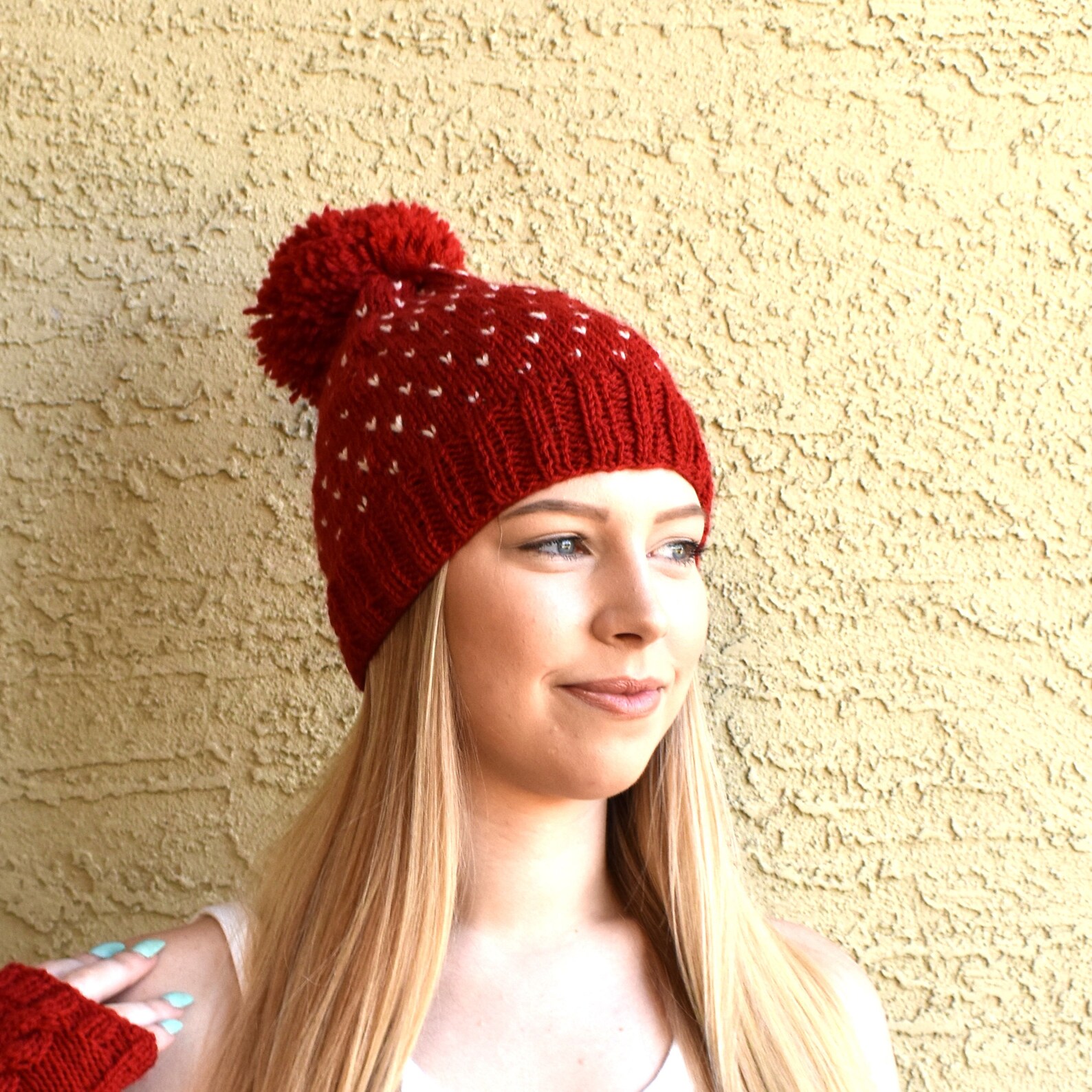 Red and white knitted hat with pom pom women's winter hat Etsy