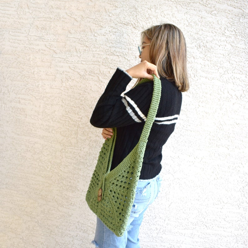 Crochet shoulder bag 100% cotton top handle library bag handmade tote farmers market bag boho sage green spring fashion gift for her image 6