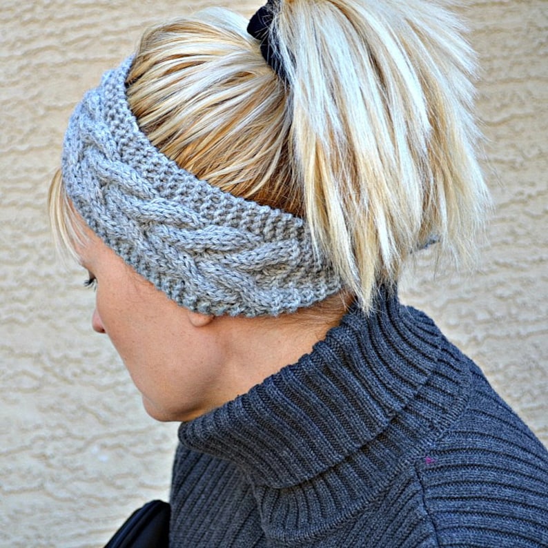 Cable knit headband ear warmers light gray wool acrylic womens image 1