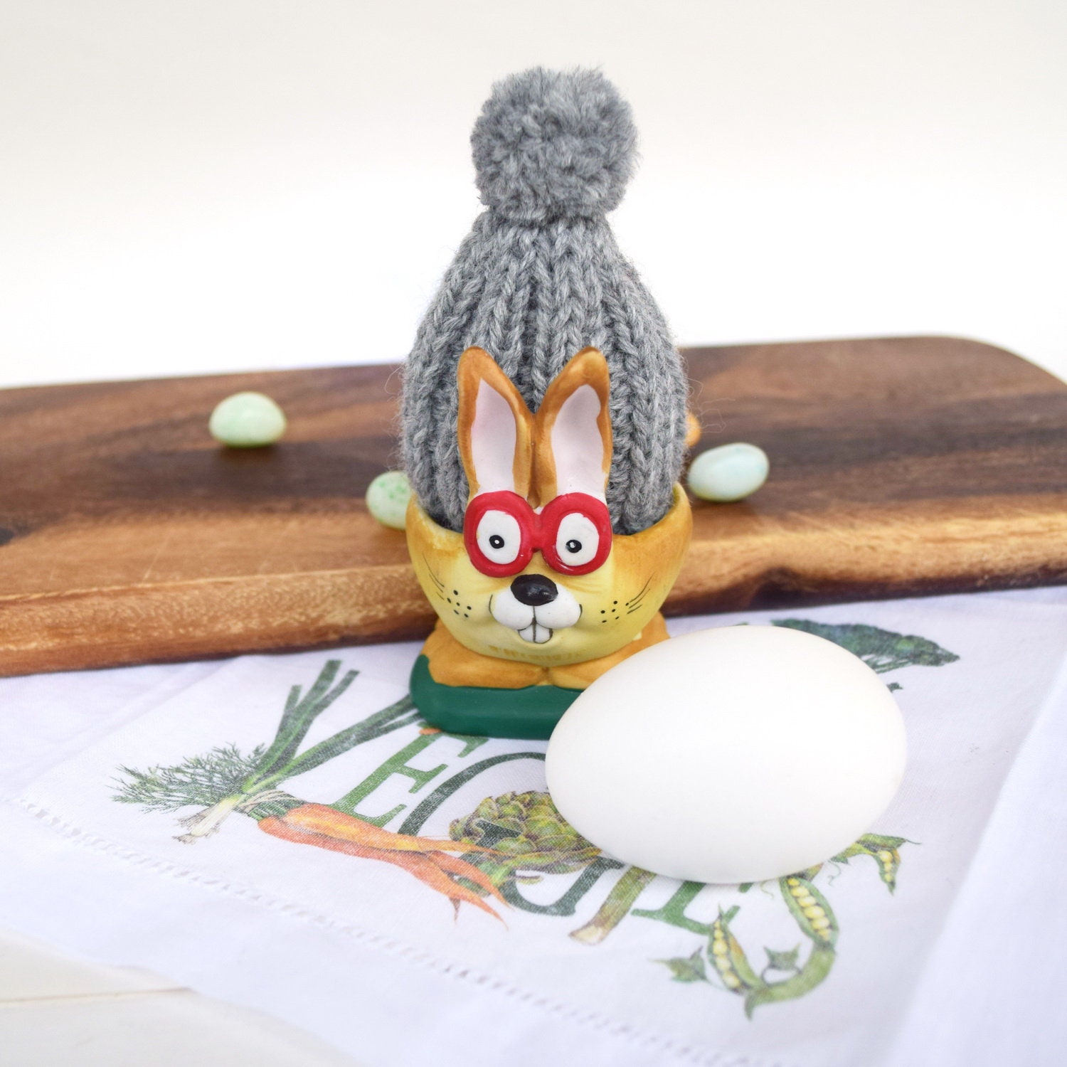 Knitted egg hat with pompom set of 4 egg cozy light gray Etsy