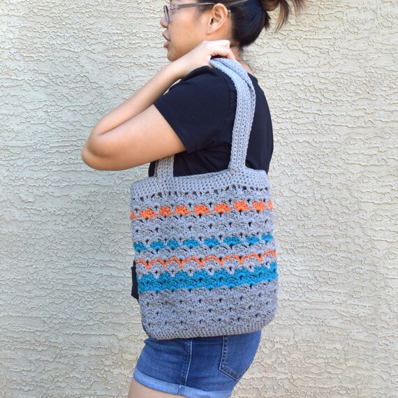 Crochet tote bag shoulder bag 100/% cotton gray teal orange avoska handmade bag beach farmers market boho bohemian bag reusable lined tote