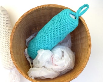 Crochet plastic bag holder kitchen organizer hanging bag dispenser grocery bag holder reusable housewarming gift modern home decor blue