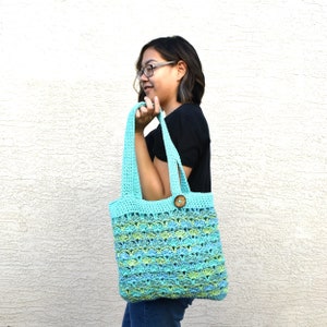 Crochet tote bag shoulder bag blue green multicolor cotton avoska handmade bag boho bohemian tote library bag reusable bag spring fashion