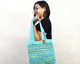 Crochet tote bag shoulder bag blue green multicolor cotton avoska handmade bag boho bohemian tote library bag reusable bag spring fashion