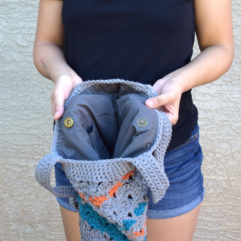 Crochet tote bag shoulder bag 100/% cotton gray teal orange avoska handmade bag beach farmers market boho bohemian bag reusable lined tote