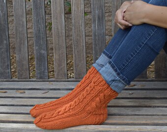 Hand knit socks cable knit socks bed socks carrot orange womens socks gift for her handmade birthday Christmas gift under 35 warm socks