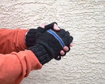 Mens fingerless gloves size XL+ gray blue 100% wool knitted texting mittens winter holidays Valentines Fathers Day handmade gift for him