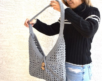 Sac à bandoulière au crochet en coton gris avec poignée supérieure, sac de bibliothèque fourre-tout fait main, sac de marché de producteurs, cadeau tendance pour son étudiant pour la fête des mères