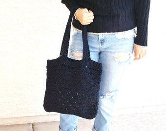 Crochet tote bag black shoulder bag 100% cotton avoska reusable handmade beach bag farmers market boho tote bag gift for her Mother's Day