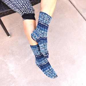 Hand knitted socks multicolor wool blend socks blue light gray shades warm bed socks slipper socks winter cozy socks Christmas gift for her