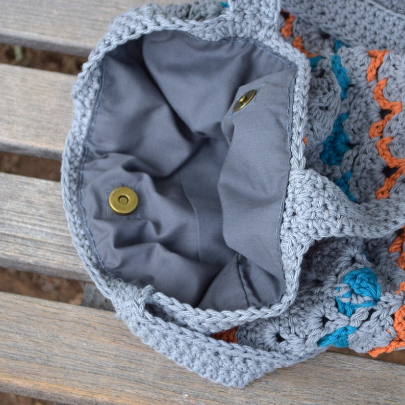 Crochet tote bag shoulder bag 100/% cotton gray teal orange avoska handmade bag beach farmers market boho bohemian bag reusable lined tote