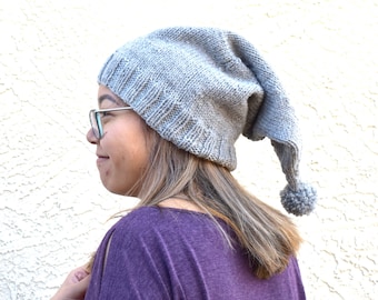 Knitted hat stocking cap light gray gnome hat hand knit long tail pompom hat fall winter hat holidays gift for her for him whimsy head wear