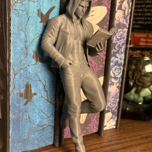 Pu&ograve; includere: Un fermalibri grigio stampato in 3D con una figura maschile con felpa con cappuccio e jeans, appoggiata a un libro. La figura tiene un libro tra due copertine decorative con disegni floreali e di uccelli.