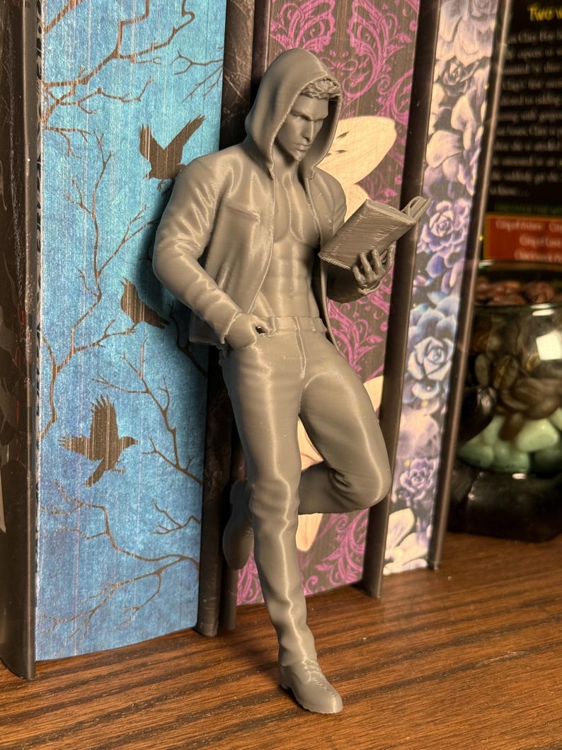 Pu&ograve; includere: Un fermalibri grigio stampato in 3D con una figura maschile con felpa con cappuccio e jeans, appoggiata a un libro. La figura tiene un libro tra due copertine decorative con disegni floreali e di uccelli.