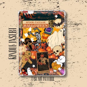 May include: A rectangular Kindle insert featuring a collage of Halloween imagery including a skeleton, ghosts, a skull, a voodoo doll, a pumpkin-headed figure on a tarot card, and the text SPOOK-TACULAR HALLOWEEN. The background is a dark orange pumpkin patch.