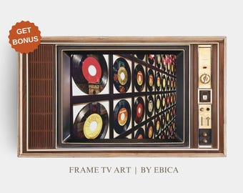 May include: A vintage television set with a wooden frame, displaying a wall of vinyl records in a grid pattern. The records are various colors, including red, yellow, and black.