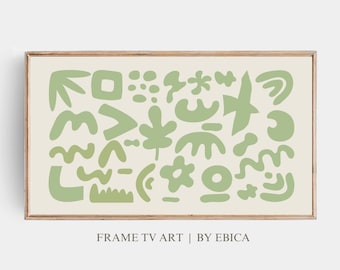 Arte para TV con marco Samsung / Recortes botánicos abstractos en verde suave y aguamarina / Decoración de pared moderna inspirada en Matisse / Formas orgánicas minimalistas