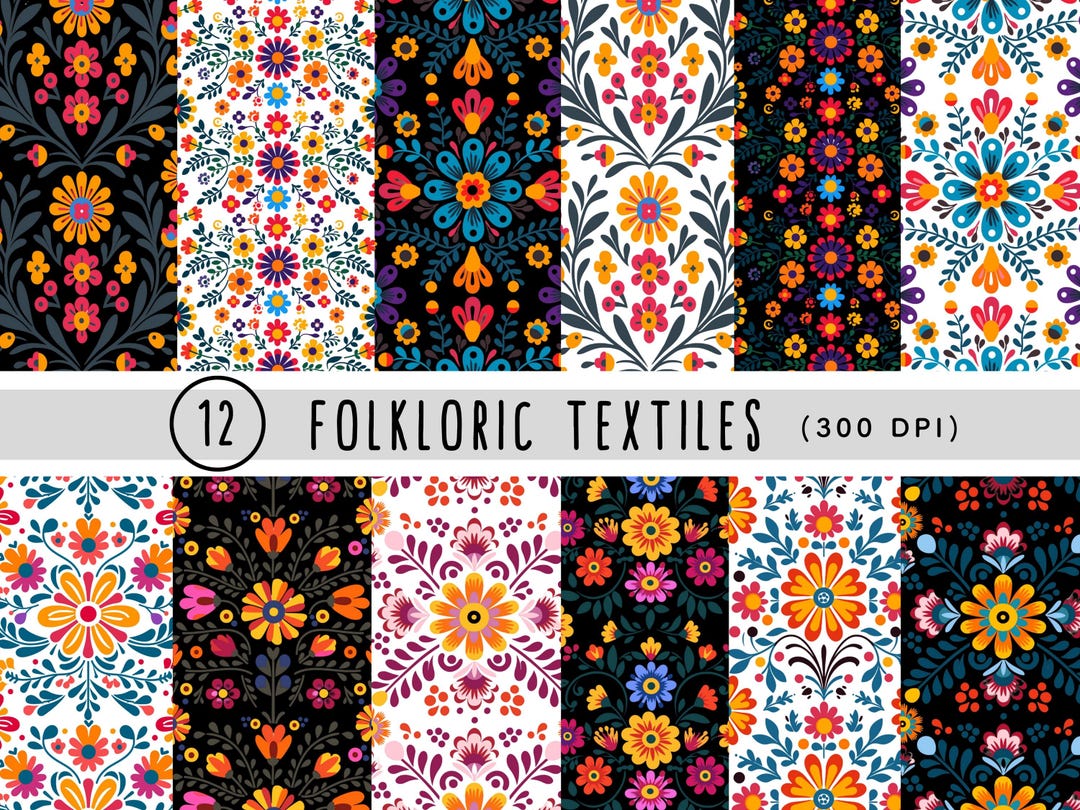 Mexican Embroidery Flowers Digital Paper | 12 Seamless Floral Patterns ...