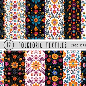 Mexican Embroidery Flowers Digital Paper | 12 Seamless Floral Patterns |  Mexican Folk Art Floral Embroidery | Fiesta Floral Backgrounds