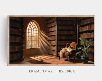 Library Books Oil Painting, Samsung Frame TV Art, Bookish Art with Cat and Books, Old Rustic Painting, Perfect for Book Lovers, Digital Art