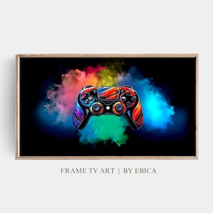 May include: A colorful video game controller with a rainbow design against a dark background with colorful smoke.