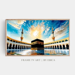 Puede incluir: Una pintura de la Kaaba en La Meca, Arabia Saudita. La Kaaba es un edificio en forma de cubo que es el lugar más sagrado del Islam. La pintura muestra la Kaaba rodeada de un patio y una mezquita. El cielo es azul y hay nubes en el cielo. La pintura está enmarcada en un marco de madera.