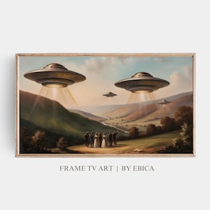 May include: A painting of a group of people standing in a field, looking up at three flying saucers in the sky. The saucers are silver and have a rounded shape. The people are dressed in 19th-century clothing. The painting is set against a backdrop of rolling hills and a blue sky.